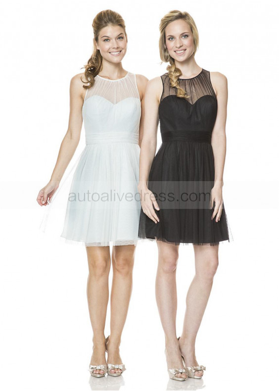 A-line Sheer Neck Tulle Knee Length Bridesmaid Dress With Folded Sash